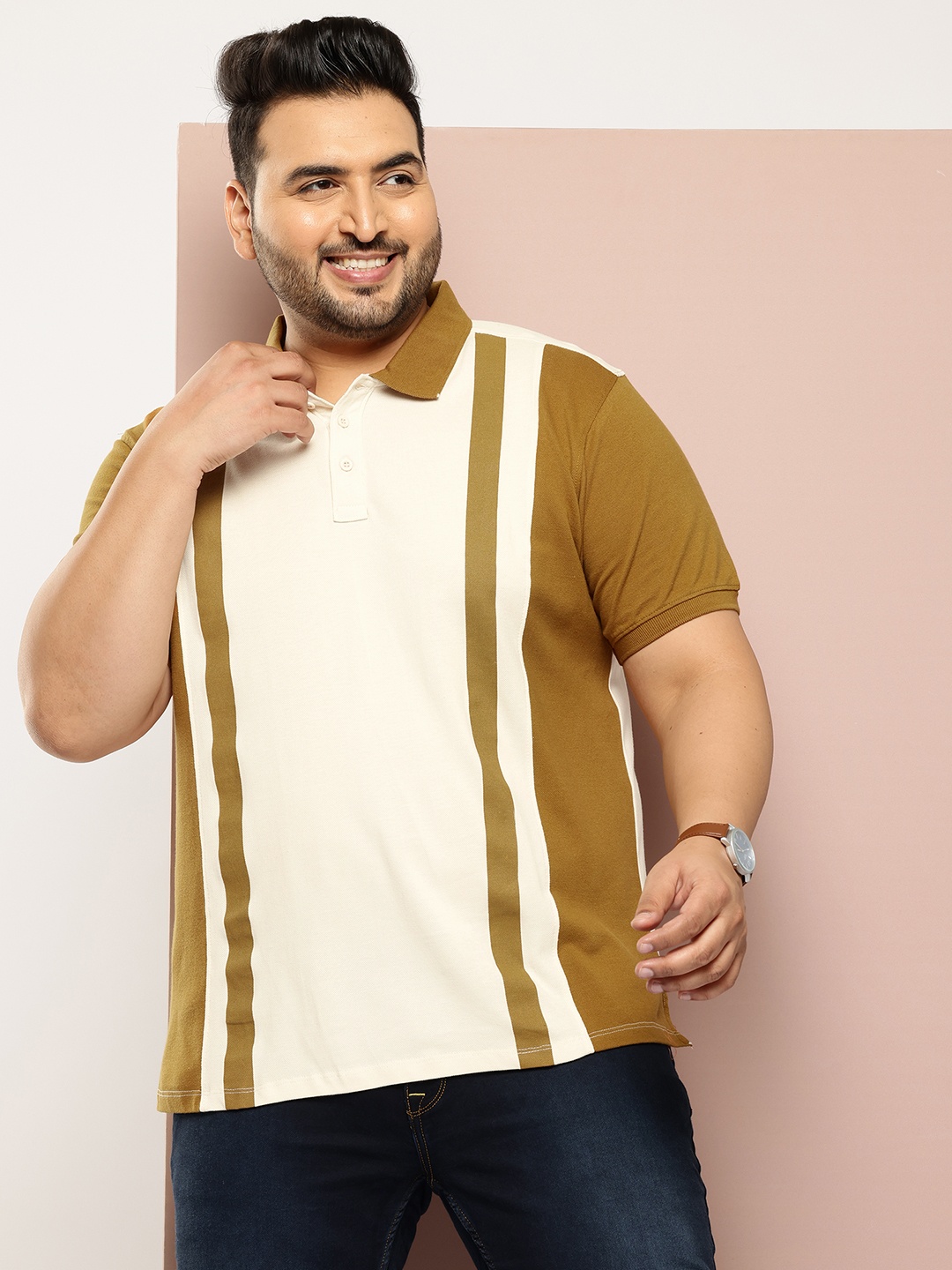 

Sztori Plus Size Striped Polo Collar Pure Cotton T-shirt, Off white