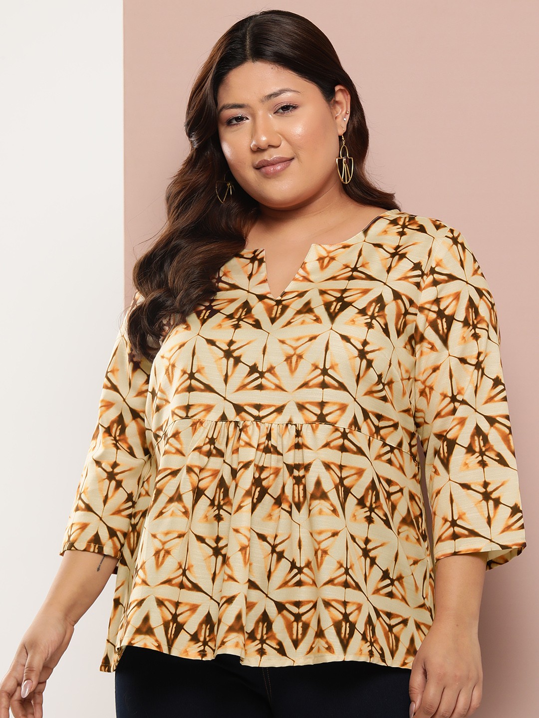 

Sztori Plus Size Printed Pleated Short Kurti, Beige
