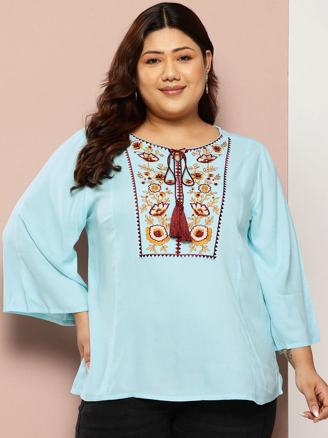 

Sztori Plus Size Embroidered Flared Sleeves Tunics, Blue