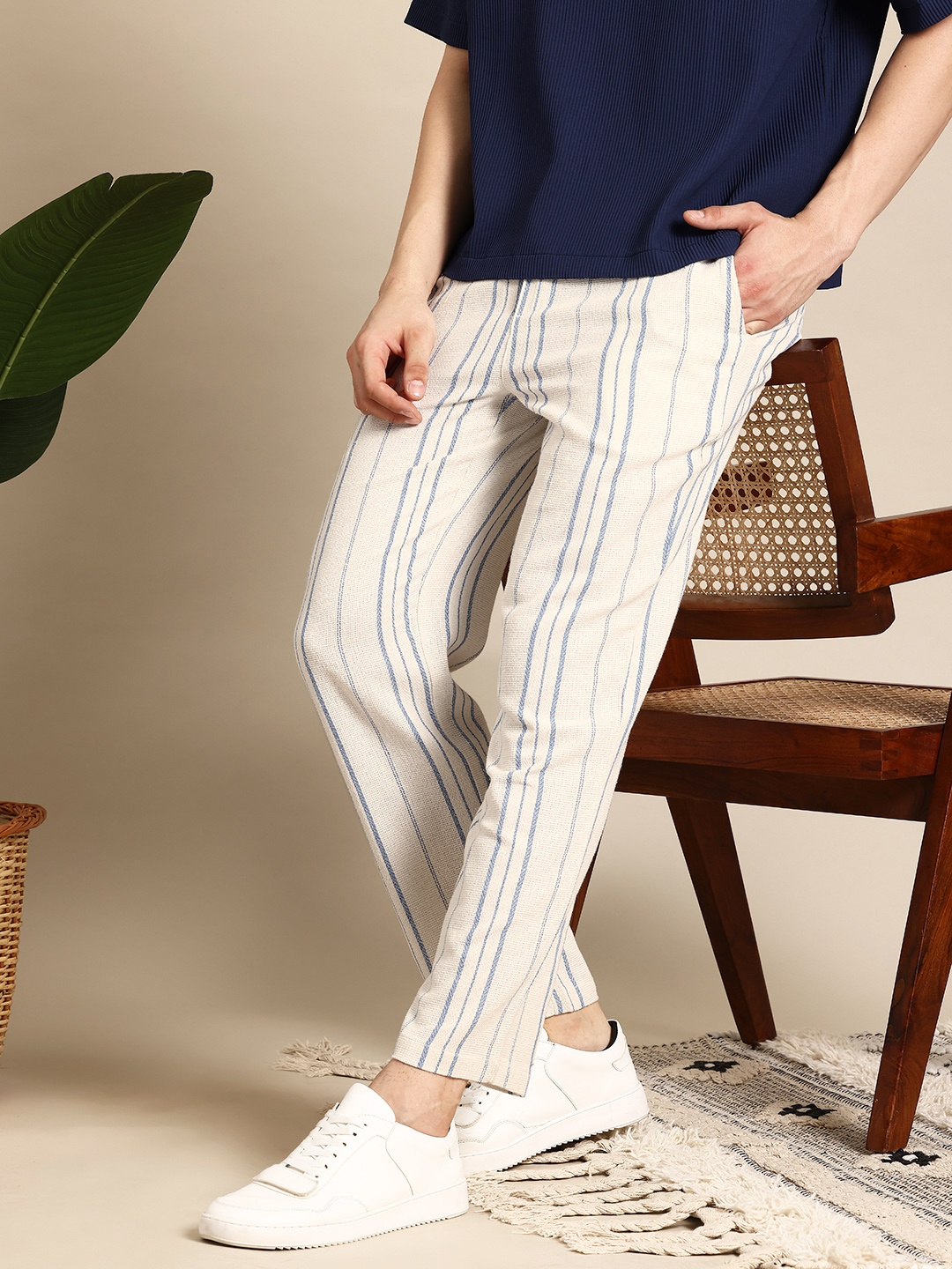 

Mast & Harbour Men Pure Cotton Textured Striped Trousers, Cream