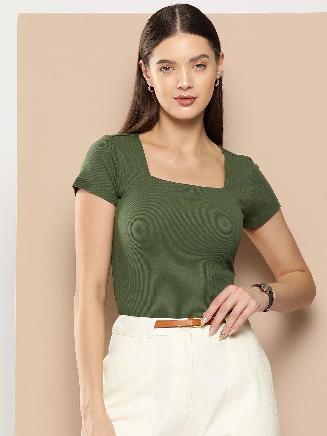 

Chemistry Square Neck Ribbed Top, Olive