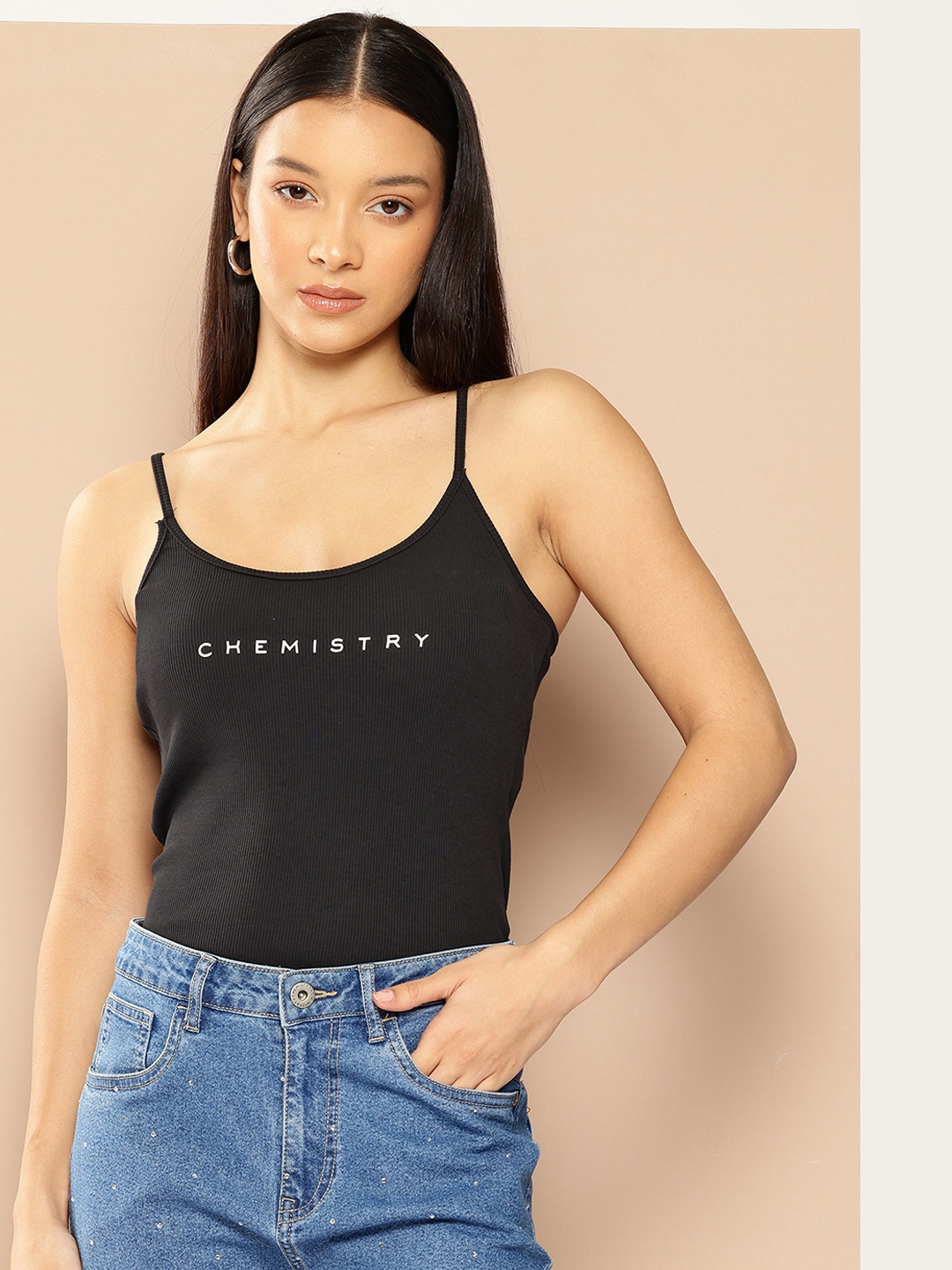 

Chemistry Shoulder Straps Ribbed Top, Black