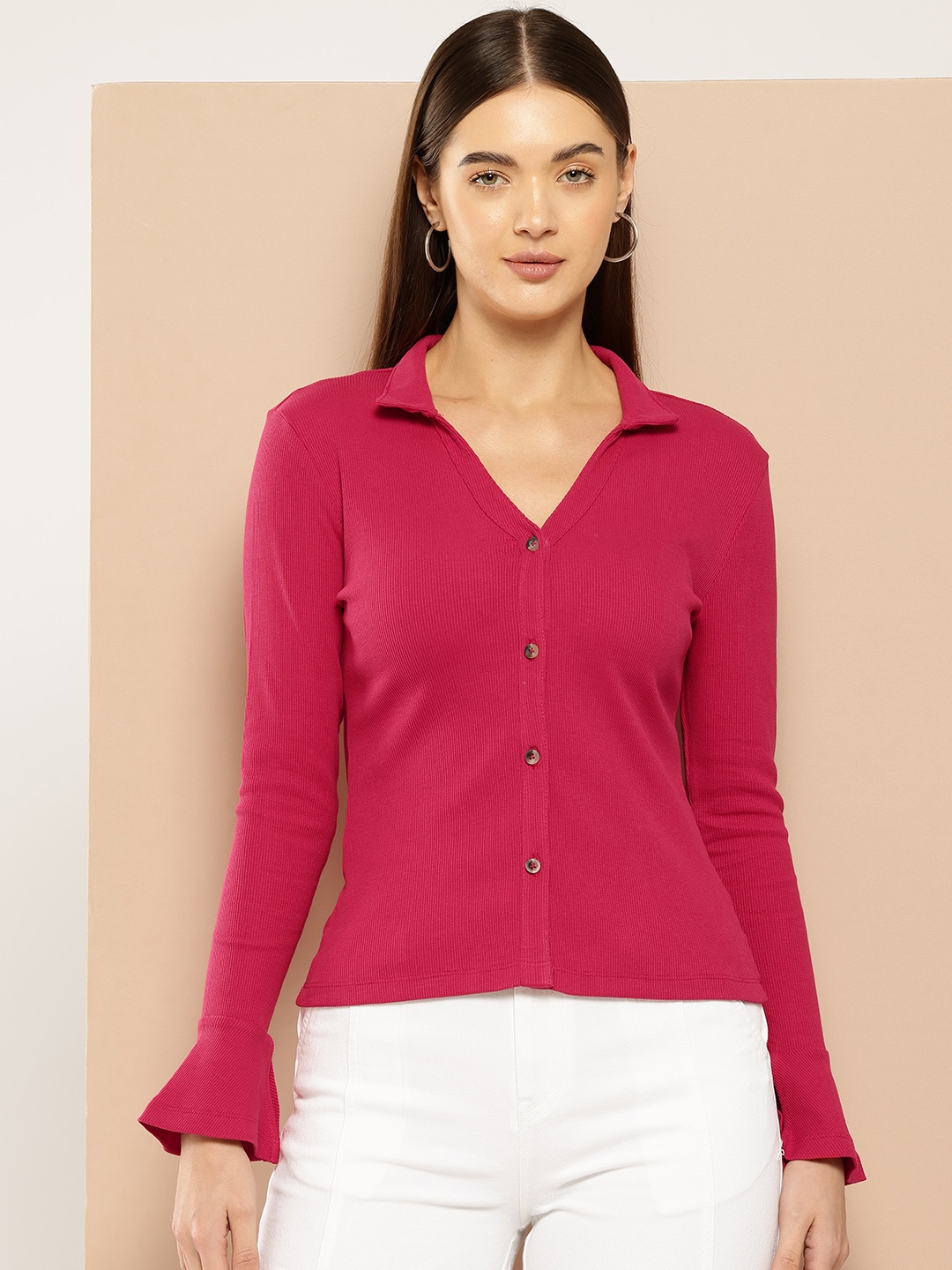

Chemistry Bell Sleeve Shirt Style Knit Top, Fuchsia