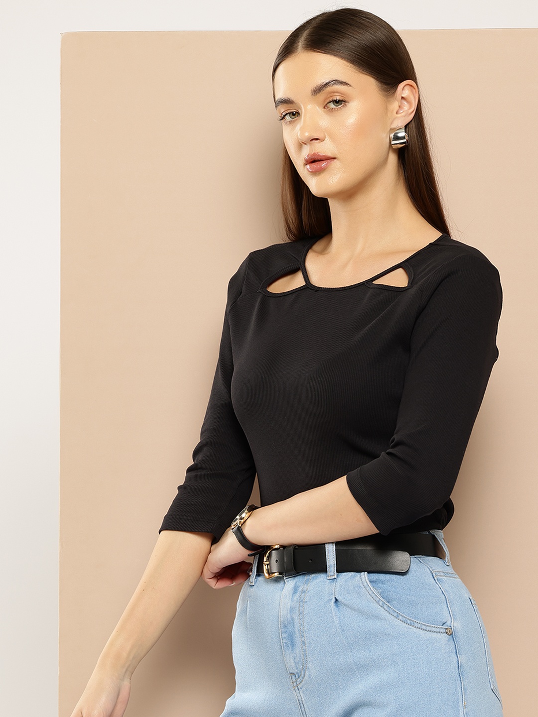 

Chemistry Round Neck Knit Top, Black