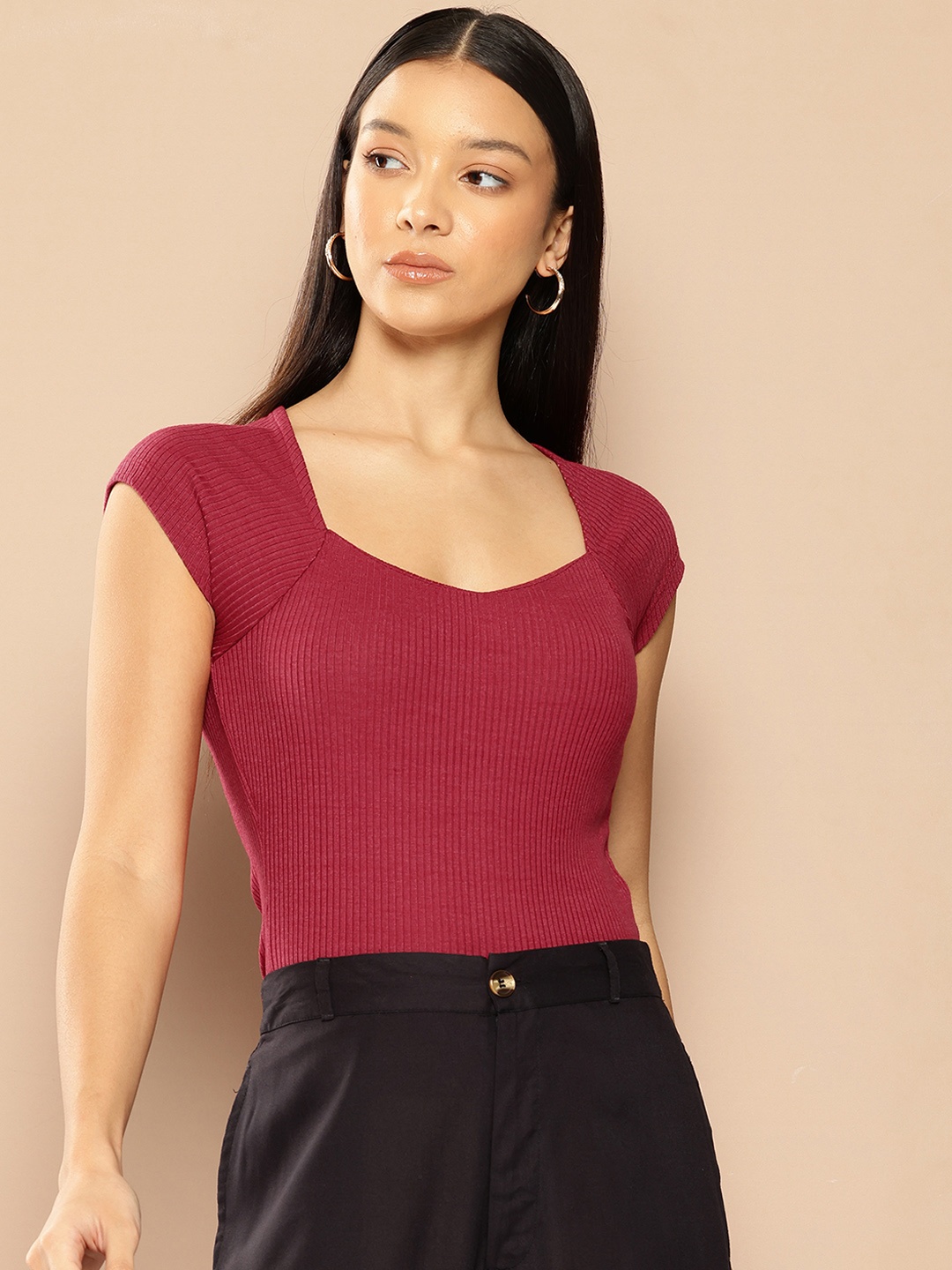 

Chemistry Ribbed Sweetheart Neck Top, Maroon