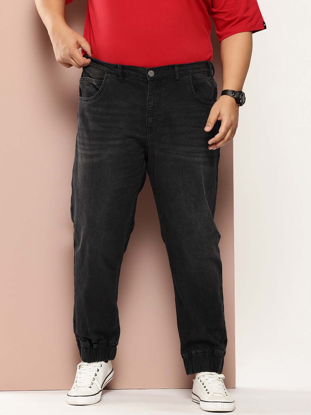 

Sztori Men Plus Size Light Fade Stretchable Jogger Jeans, Black