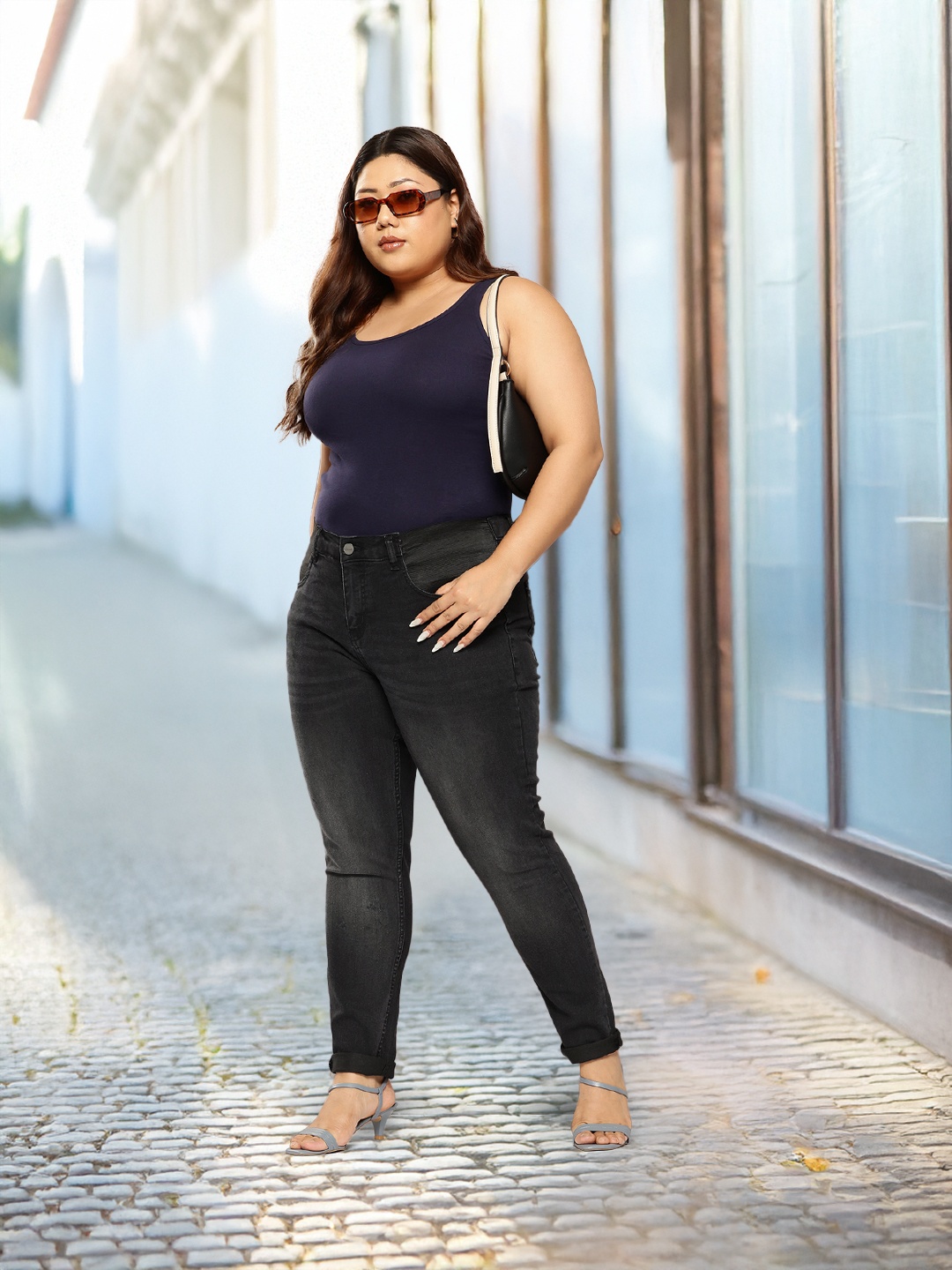 Sztori Women Plus Size Slim Fit Light Fade Stretchable Jeans, Black