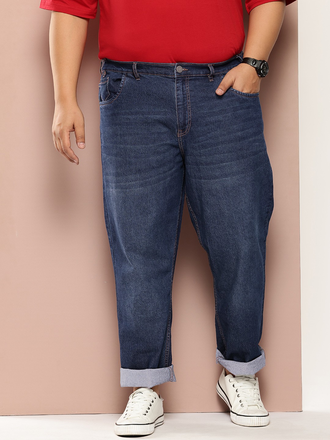 

Sztori Men Plus Size Slim Tapered Fit Light Fade Stretchable Jeans, Navy blue