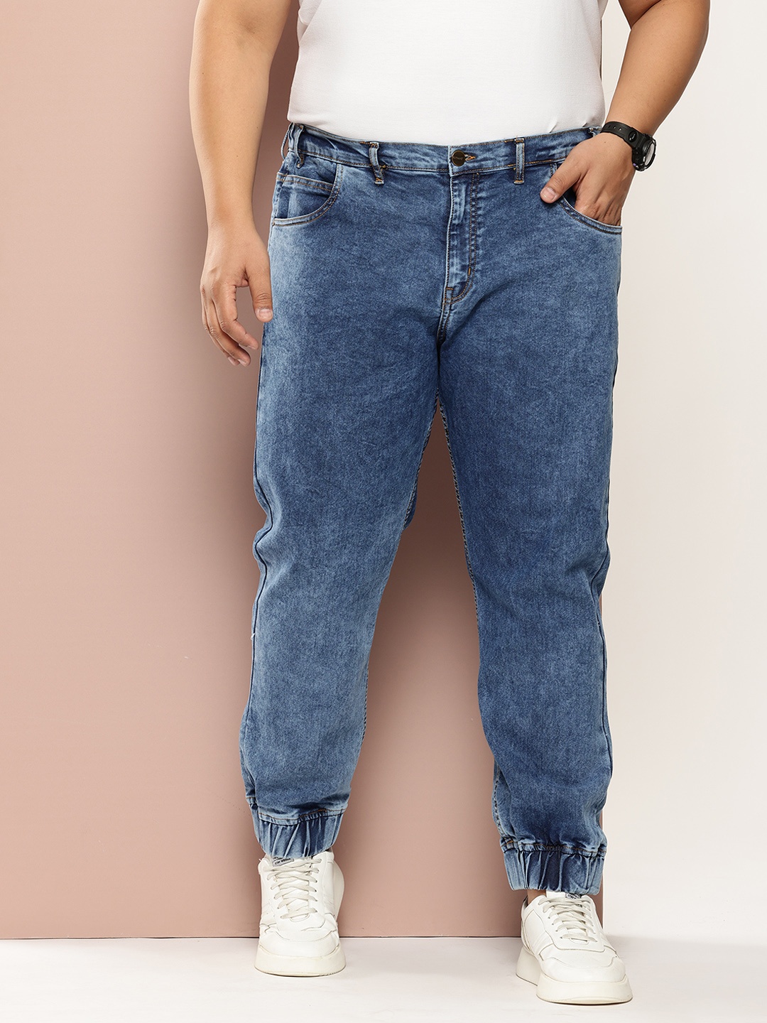 

Sztori Men Plus Size Light Fade Stretchable Jogger Fit Jeans, Blue
