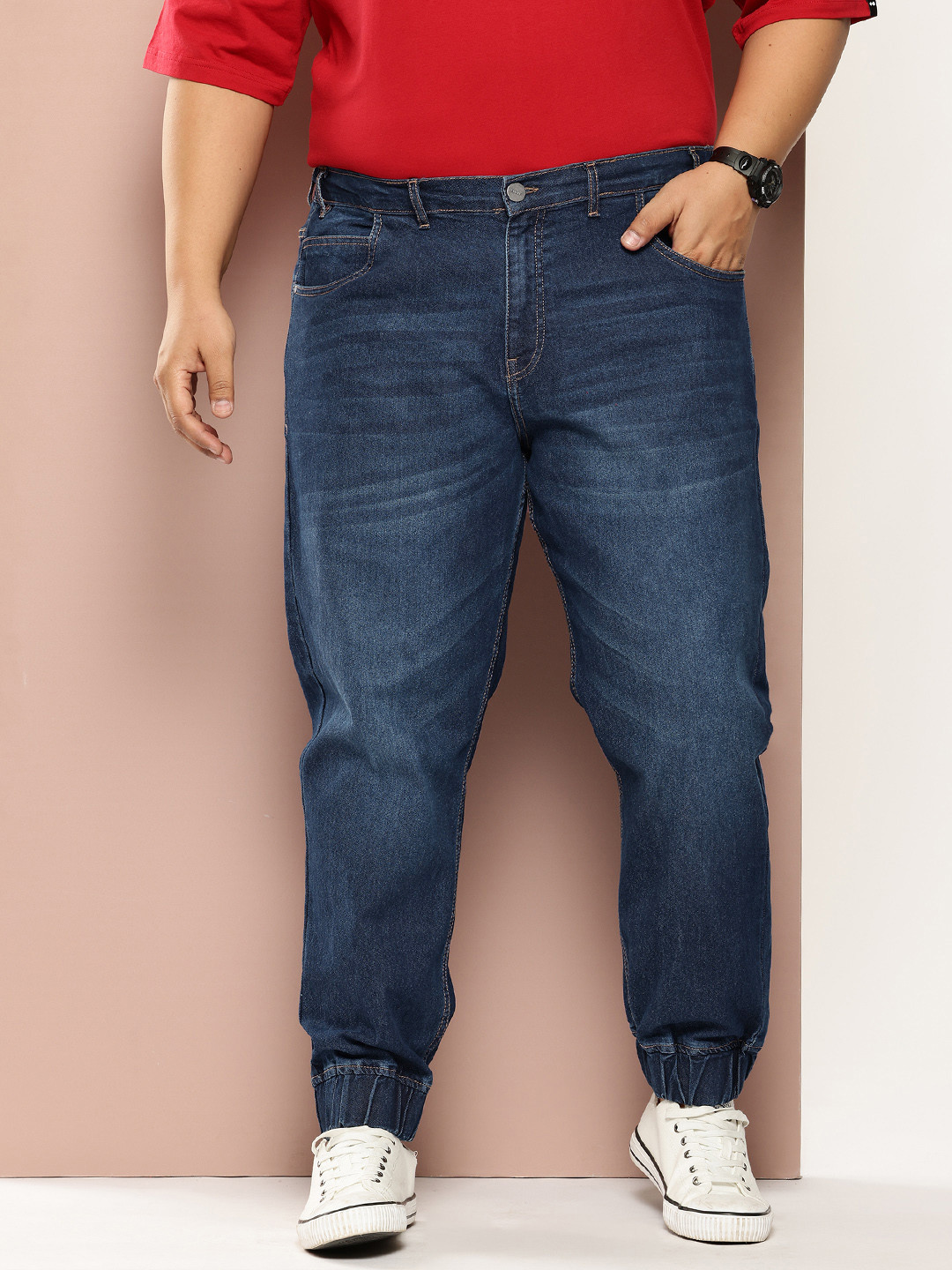 

Sztori Men Plus Size Light Fade Stretchable Jogger Jeans, Navy blue