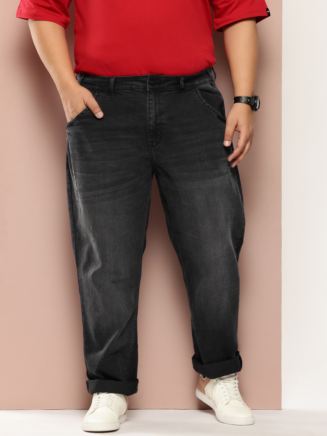 

Sztori Men Plus Size Slim Tapered Fit Light Fade Stretchable Jeans, Black
