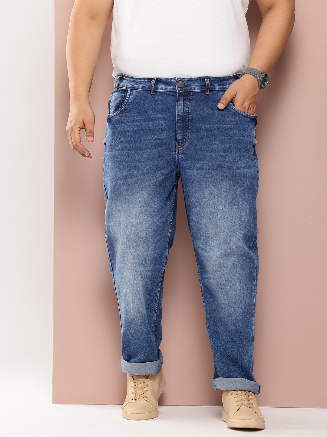 

Sztori Men Plus Size Relaxed Fit Light Fade Stretchable Jeans, Blue