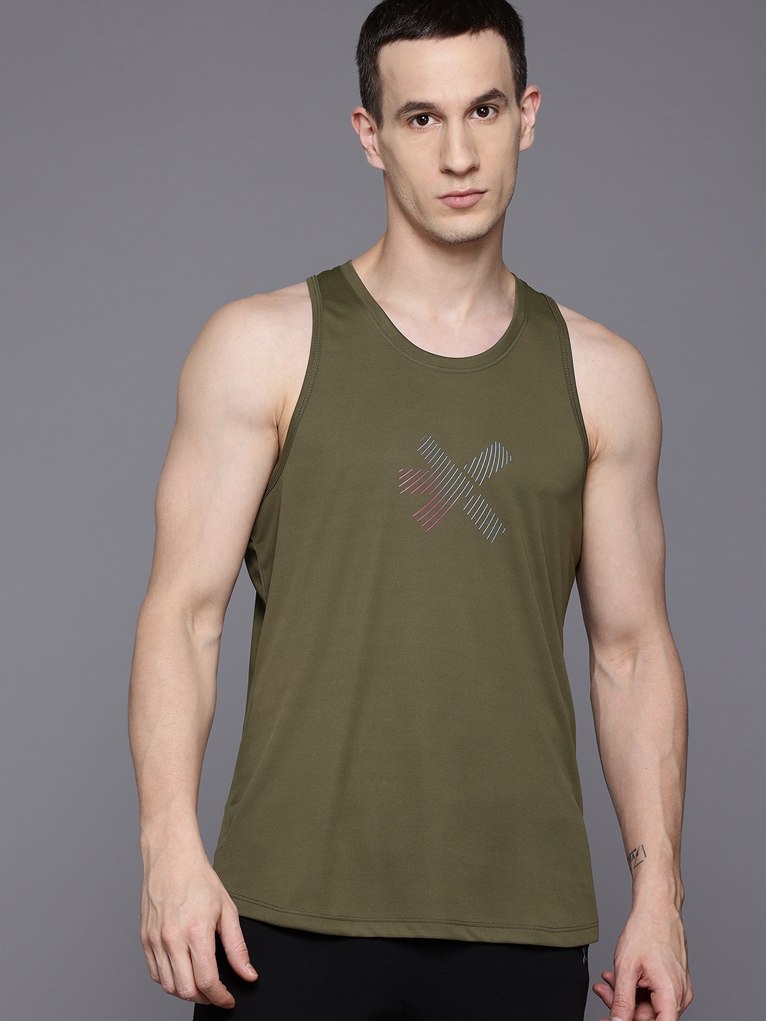 

HRX by Hrithik Roshan Brand Logo Print Racerback Training T-shirt, Olive