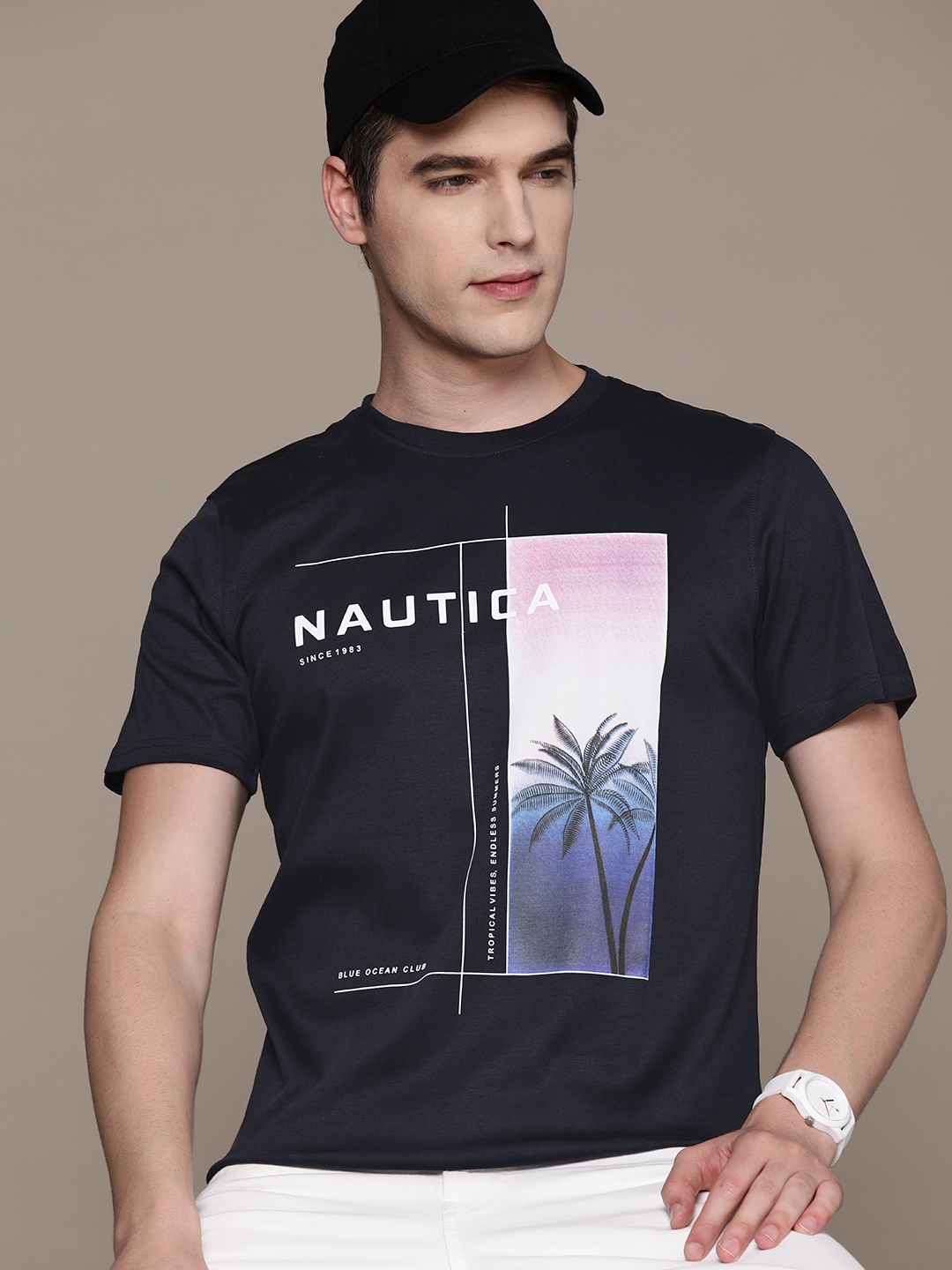 

Nautica Printed Pure Cotton T-shirt, Navy blue