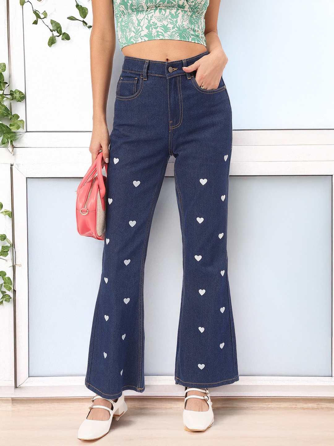 

DressBerry Women Girly Glam Heart Print Slim Flared Fit Jeans, Navy blue