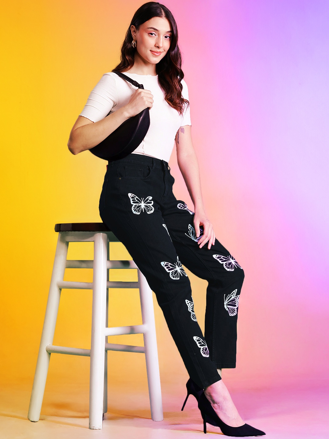 

DressBerry Women Boyfriend Fit Printed Stretchable Jeans, Black