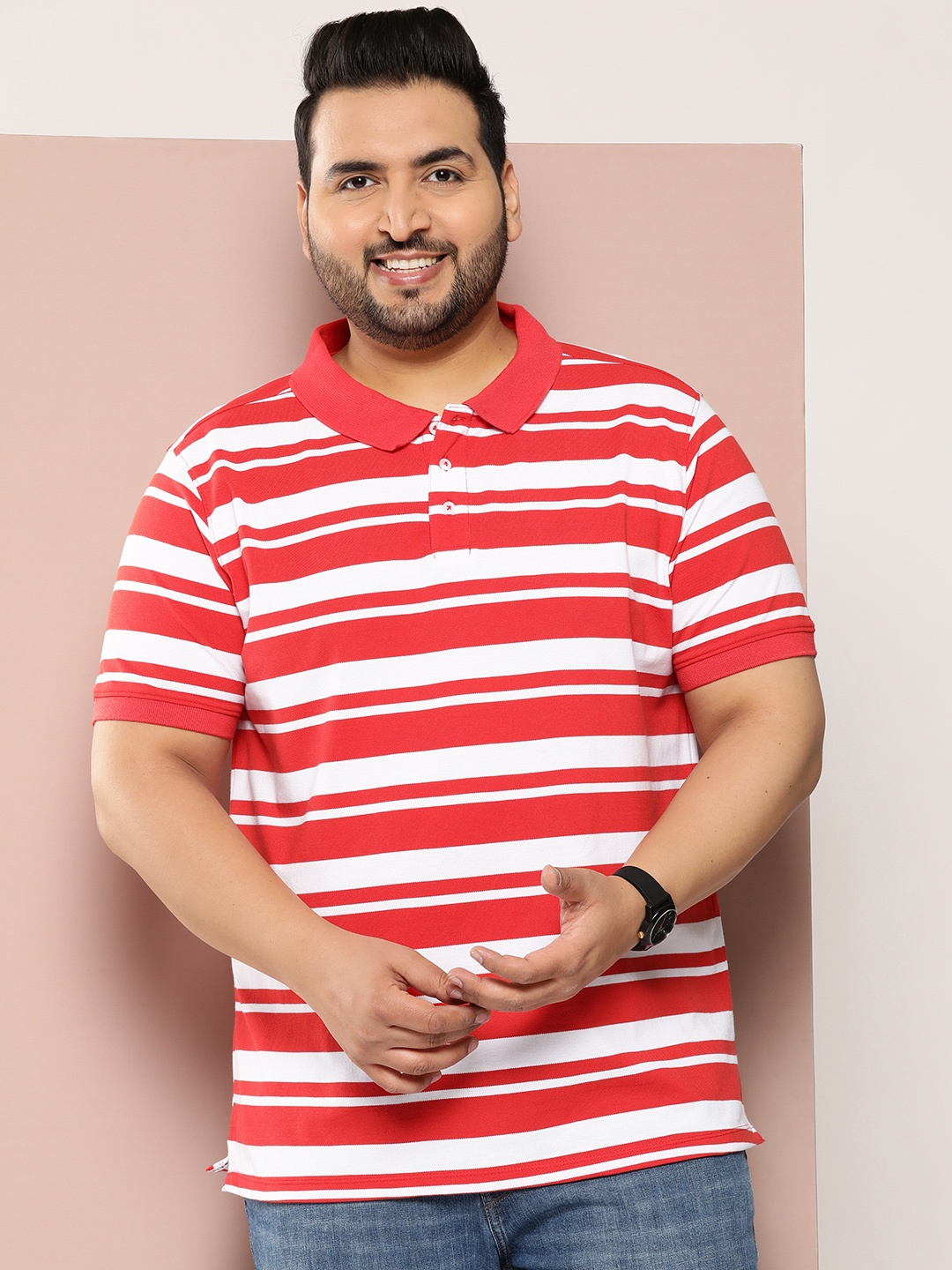 

Sztori Plus Size Striped Polo Collar T-shirt, Red