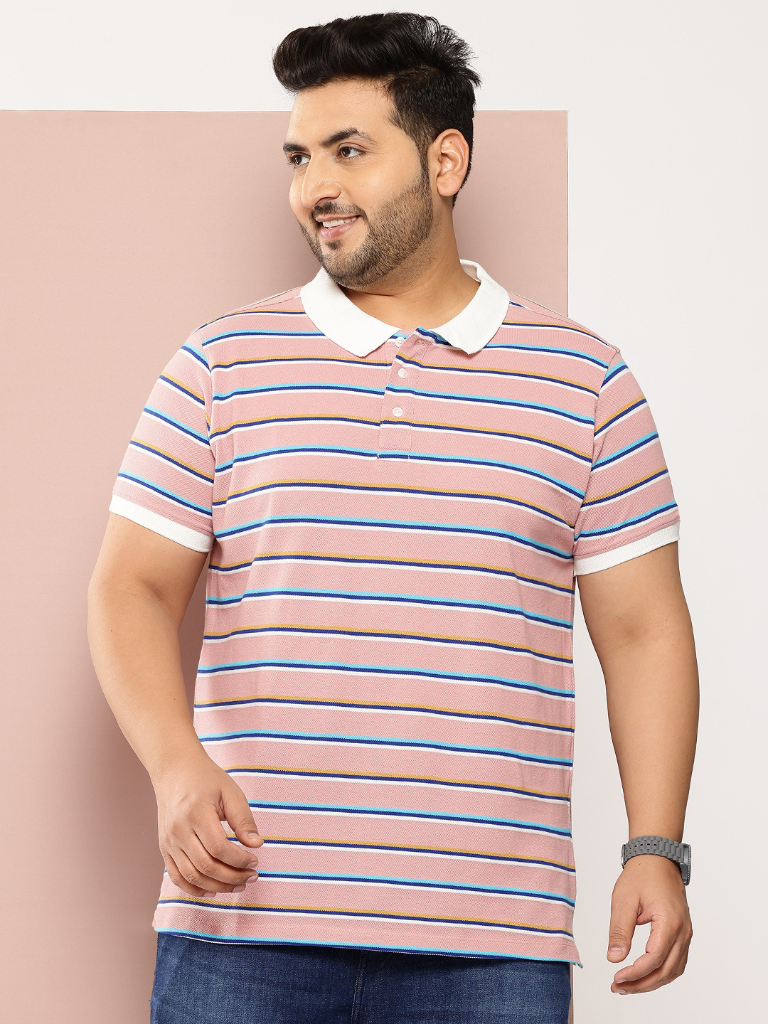 

Sztori Plus Size Striped Polo Collar T-shirt, Pink