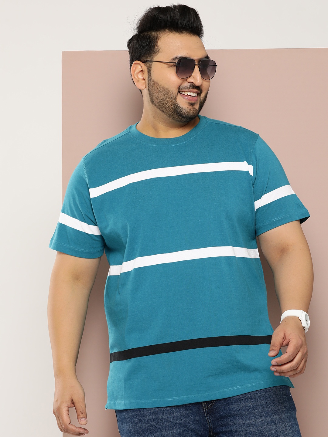 

Sztori Plus Size Striped Pure Cotton T-shirt, Teal