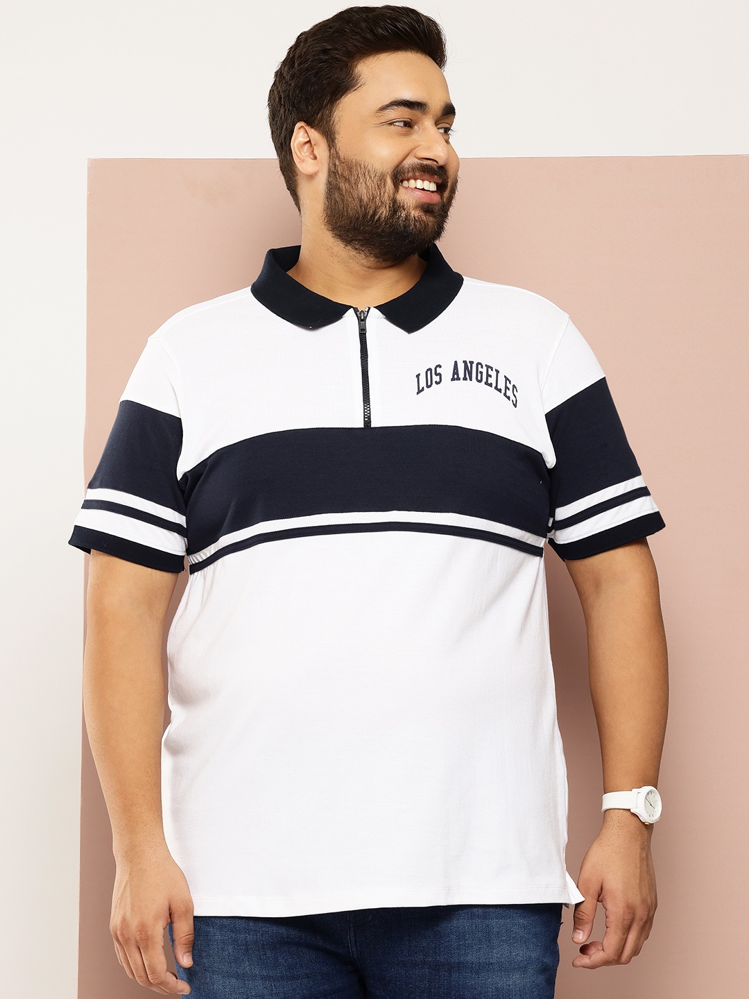 

Sztori Plus Size Colourblock Polo Collar T-shirt, White