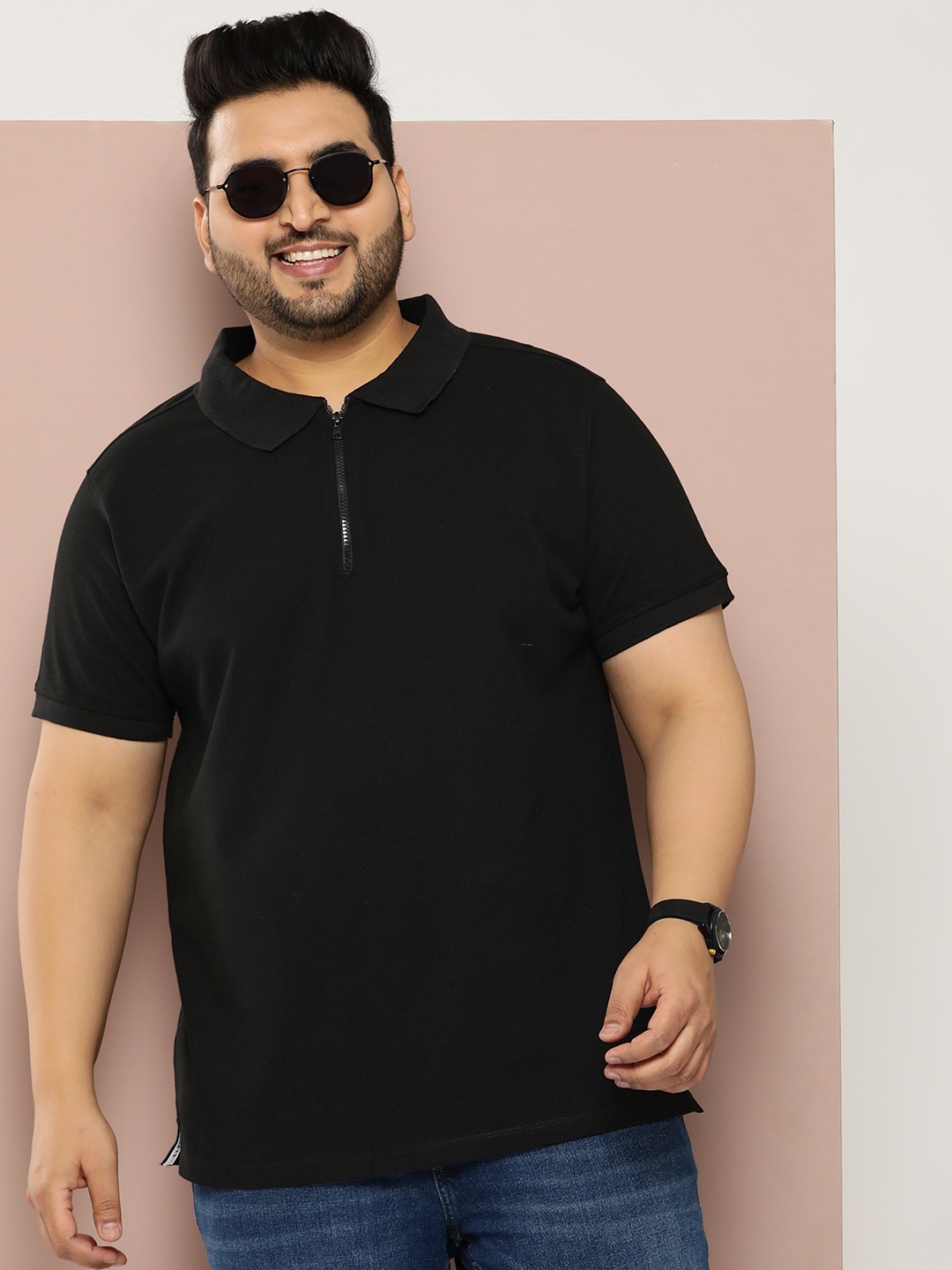 

Sztori Plus Size Polo Collar Pure Cotton T-shirt, Black