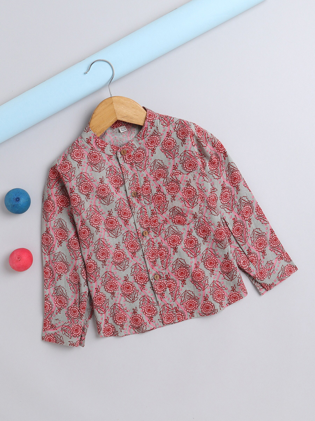 

The Magic Wand Boys Comfort Ethnic Printed Mandarin Collar Cotton Casual Shirt, Grey