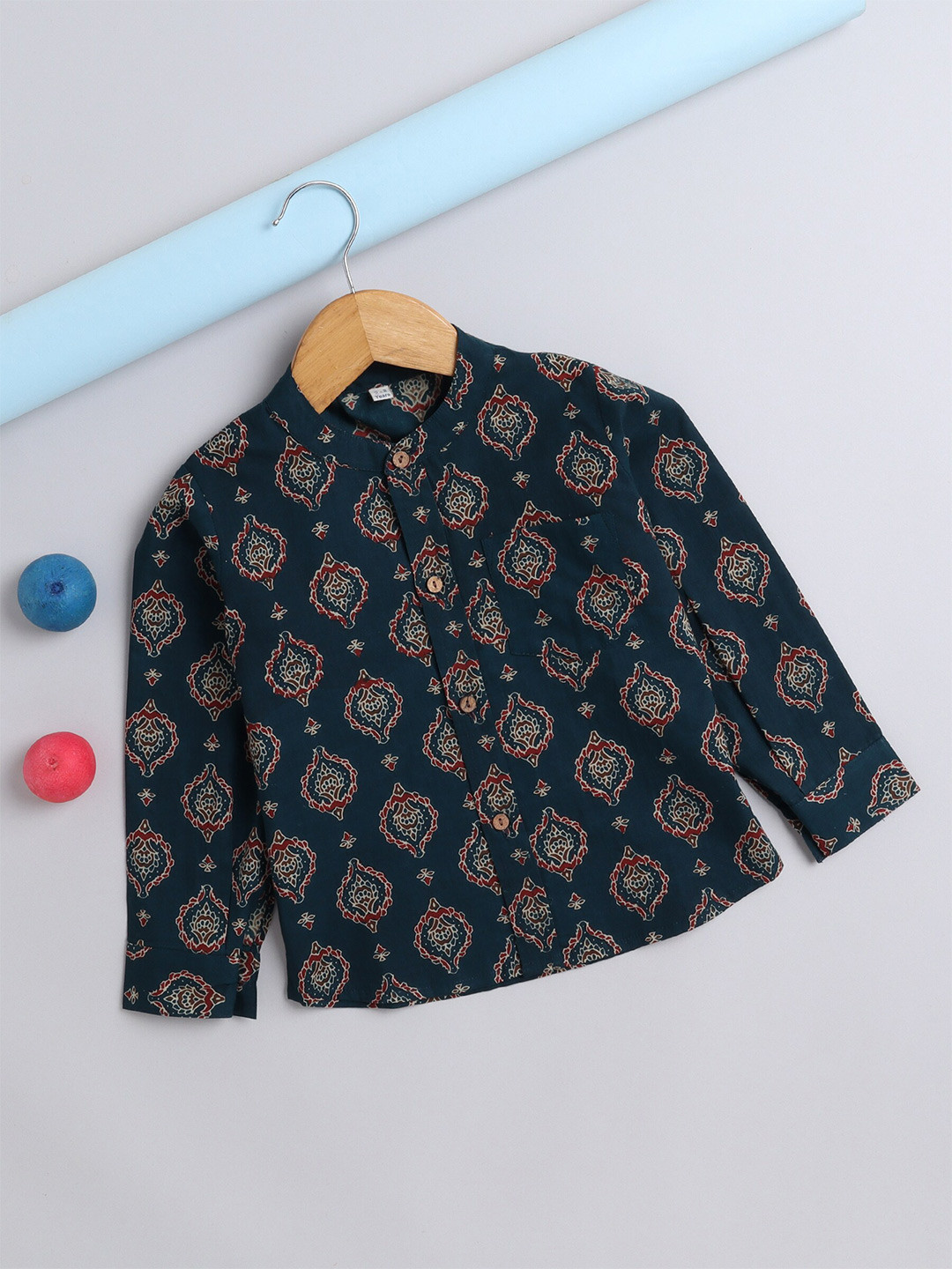 

The Magic Wand Boys Comfort Ethnic Printed Mandarin Collar Cotton Casual Shirt, Teal