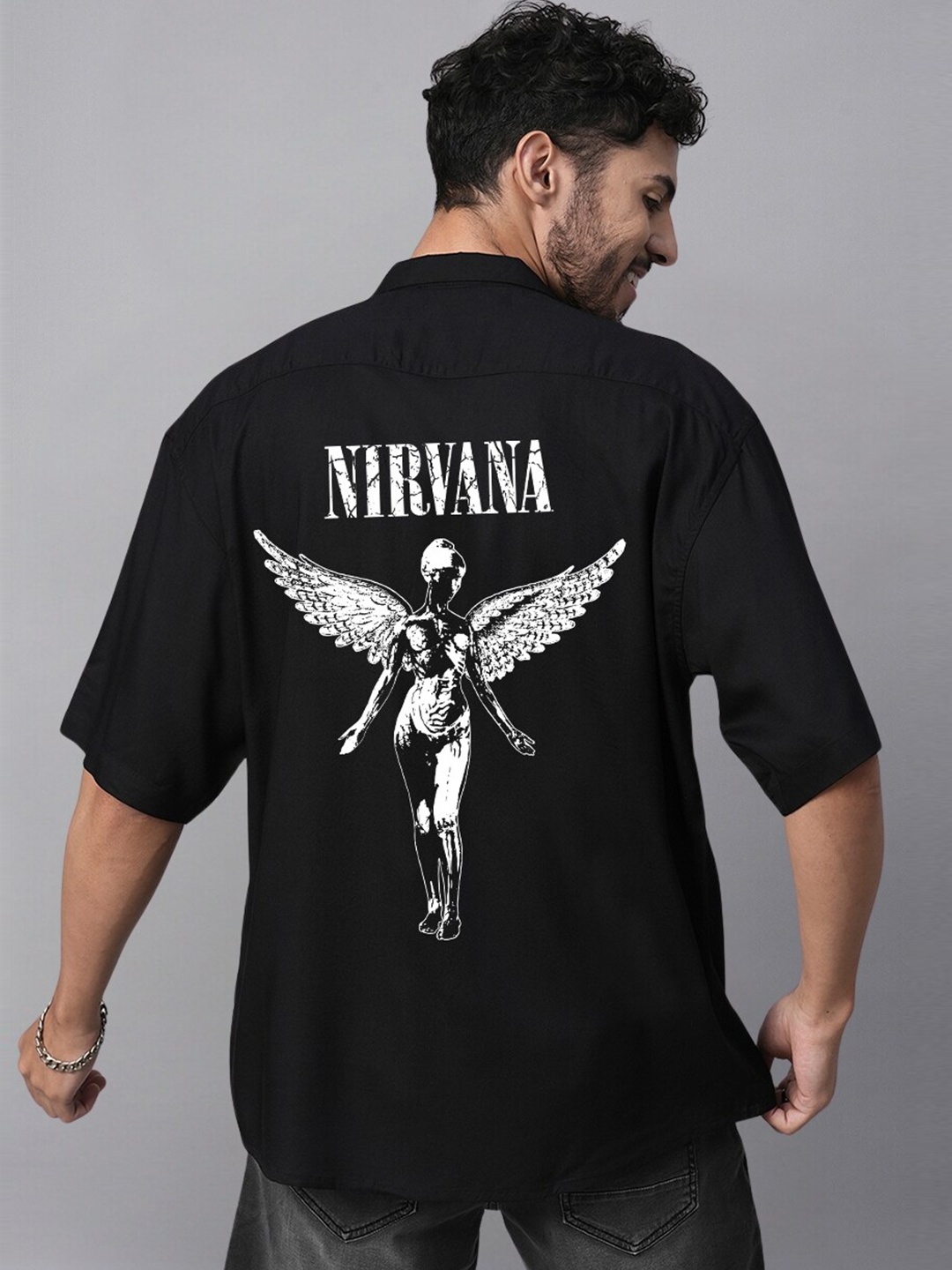 

PRONK Utero Nirvana Graphic Printed Relaxed Oversized Casual Shirt, Black