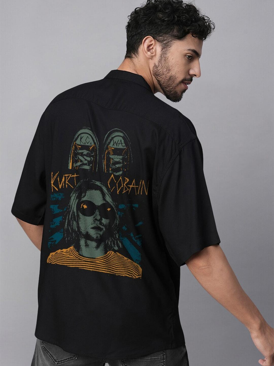 

PRONK Relaxed Kurt Cobain Printed Drop-Shoulder Sleeves Oversized Casual Shirt, Black