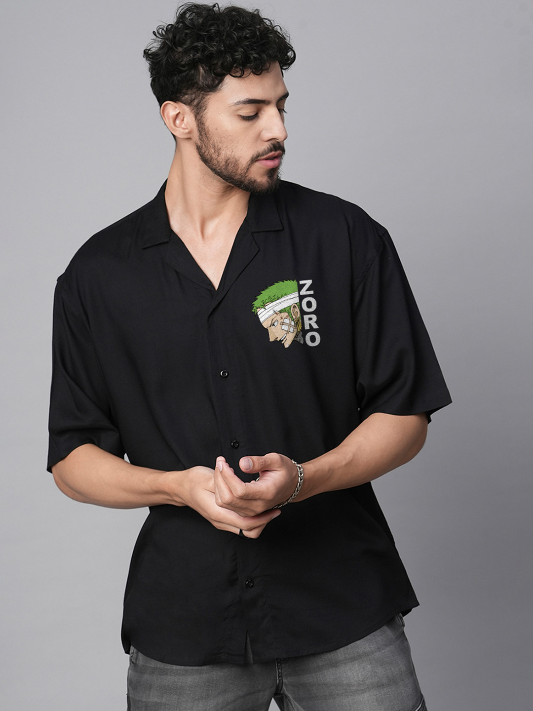 

PRONK Relaxed Zoro Printed Cuban Collar Drop-Shoulder Sleeves Oversized Casual Shirt, Black