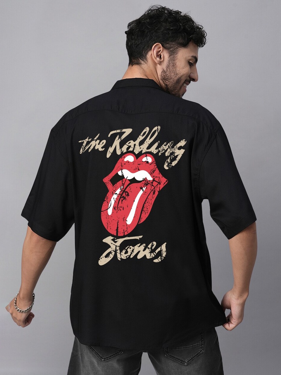 

PRONK Relaxed Rolling Stones Graphic Printed Cuban Collar Oversized Casual Shirt, Black