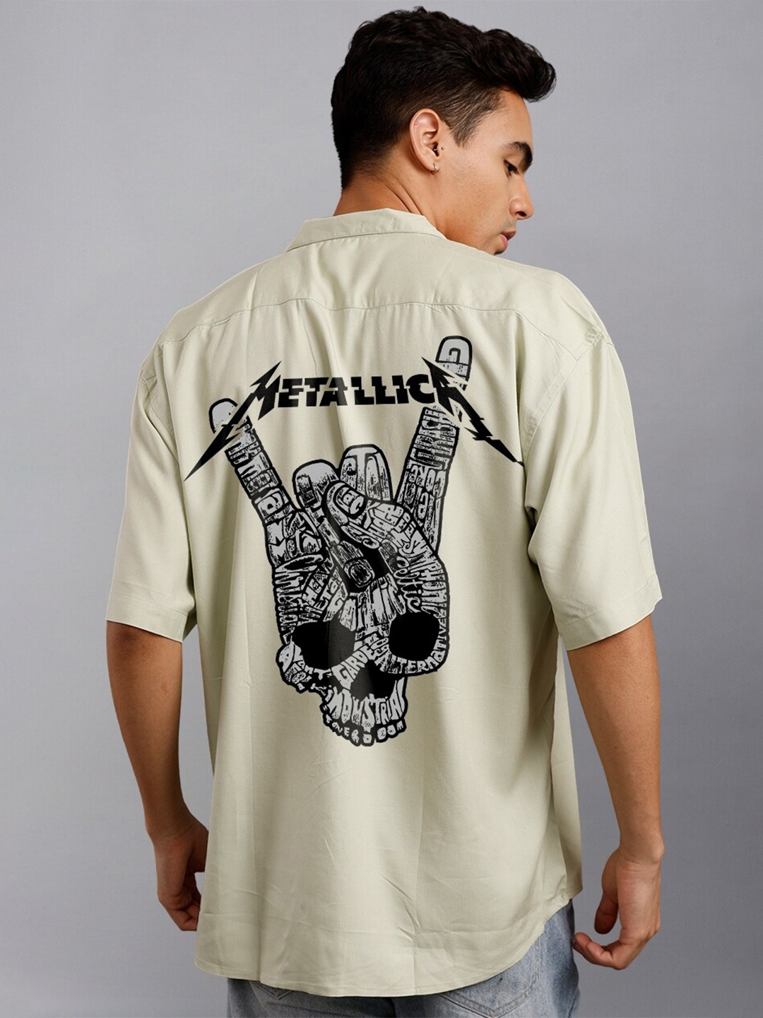 

PRONK Relaxed Graphic Printed Cuban Collar Metallica Rock Oversized Casual Shirt, Green