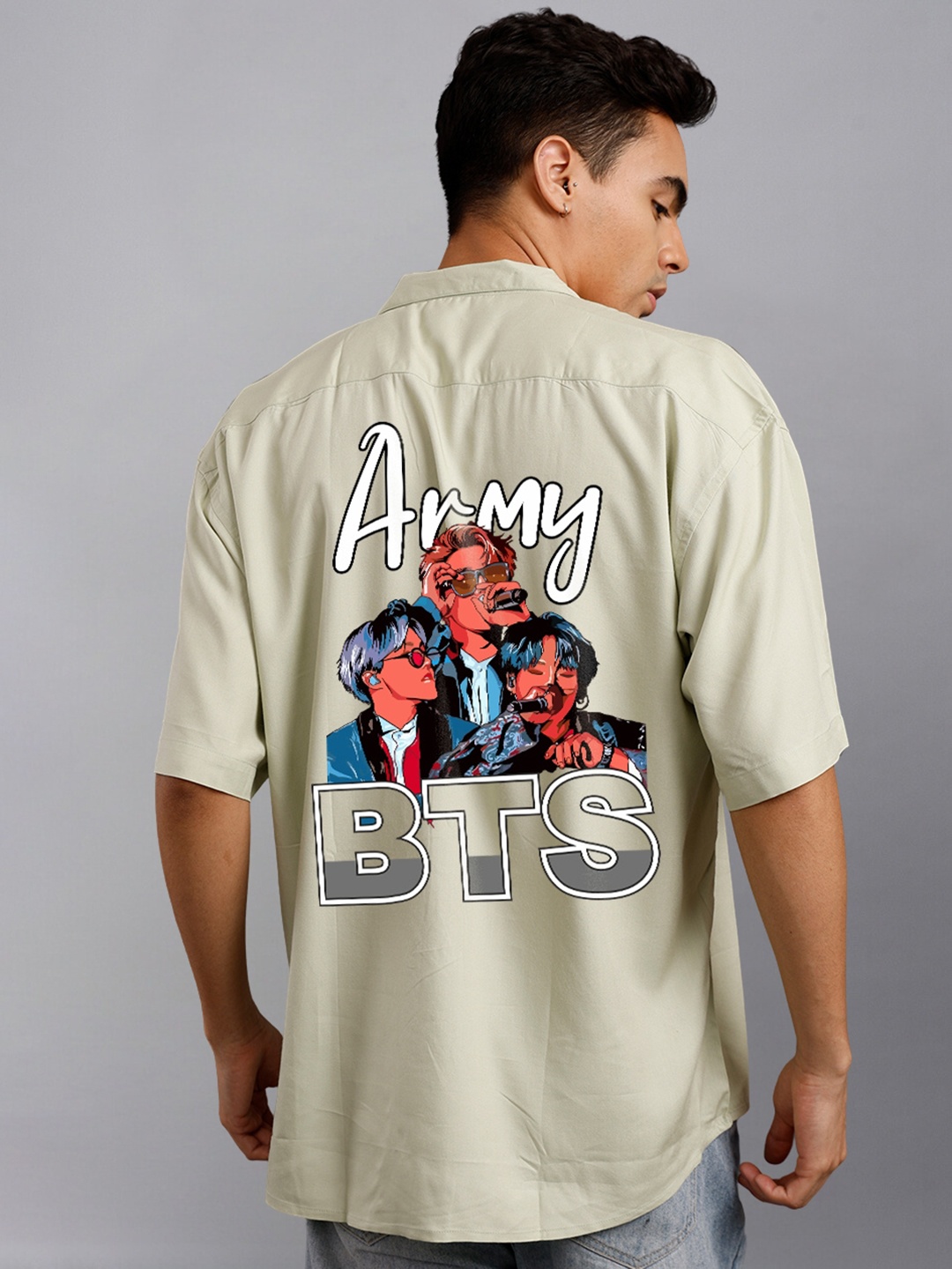 

PRONK Relaxed BTS Printed Cuban Collar Oversized Casual Shirt, Green