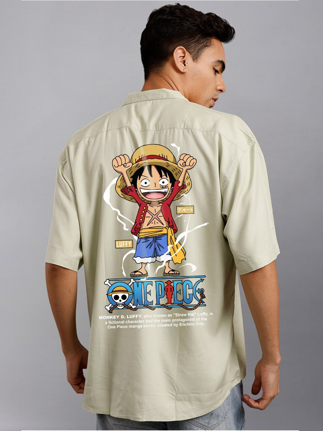 

PRONK Luffy One Piece Printed Relaxed Oversized Casual Shirt, Green