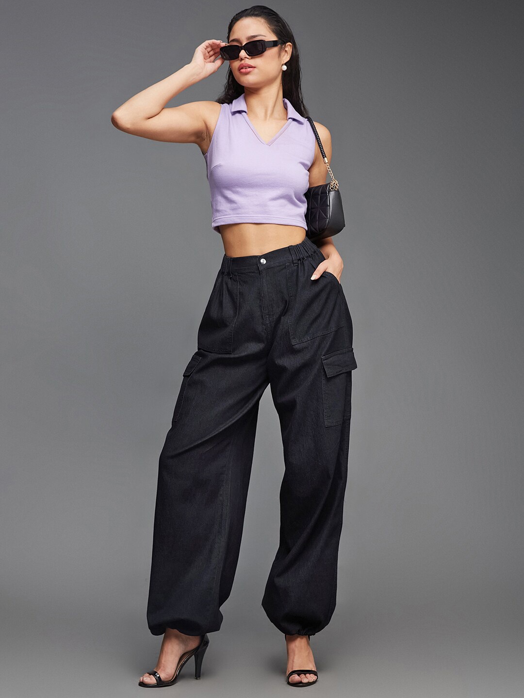 

Miss Chase Women Straight-Fit High-Rise Stretchable Light Weight Denim Parachute Pants, Black
