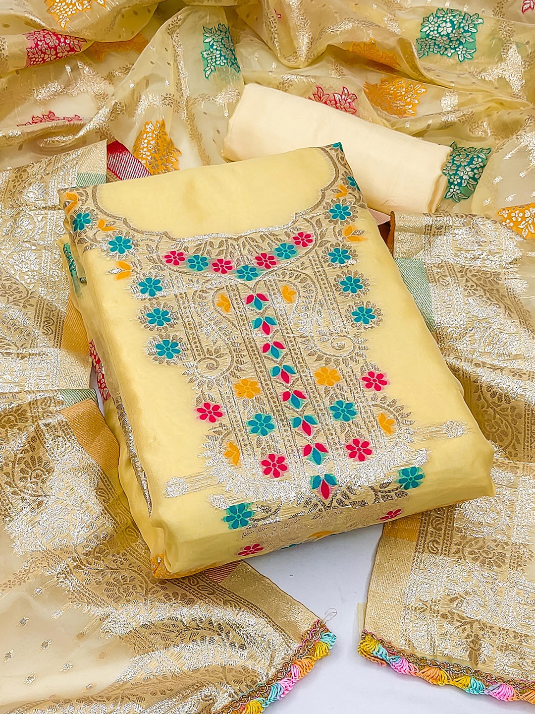 

KALINI Ethnic Motifs Woven Design Zari Organza Unstitched Dress Material, Yellow