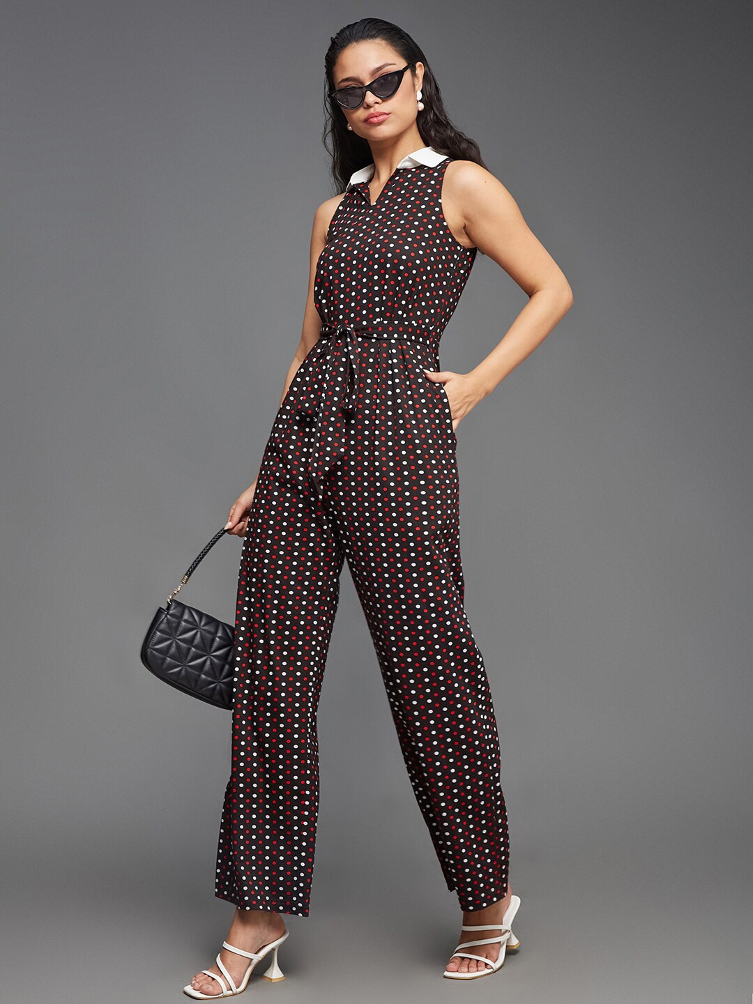 

Miss Chase Polka Dots Printed Sleeveless Basic Jumpsuit, Black