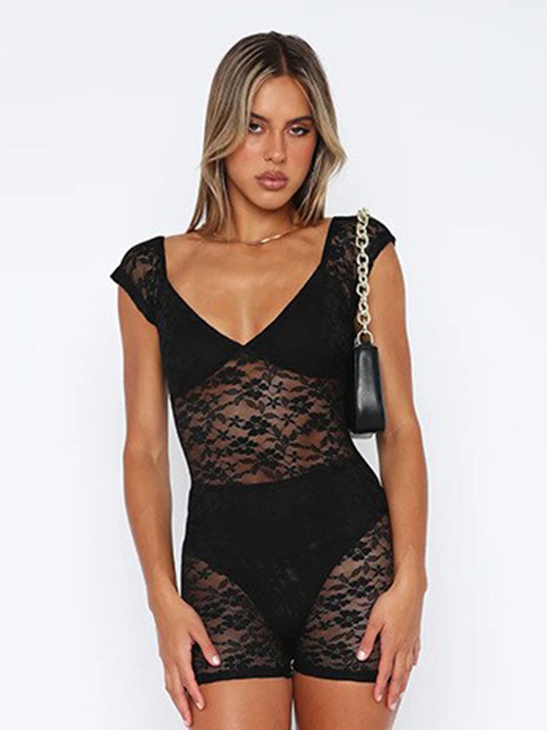 

StyleCast Black Scoop Neck Lace Inserts Playsuit