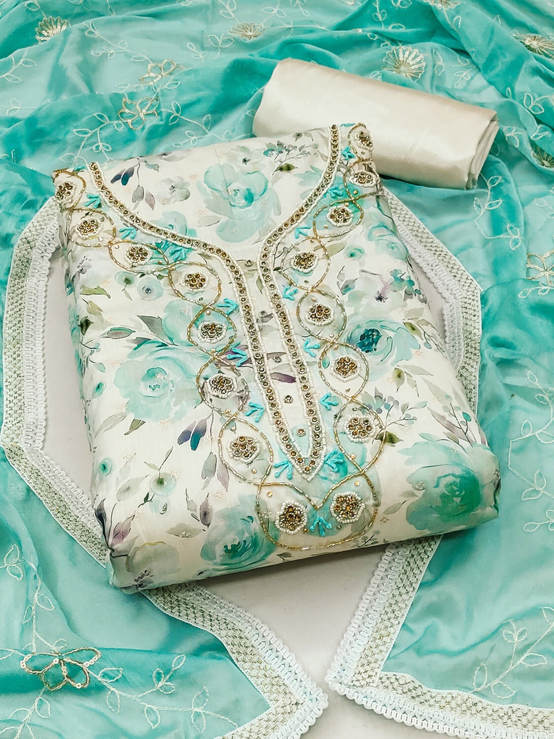 

KALINI Floral Printed Beads and Stones Unstitched Dress Material, Turquoise blue