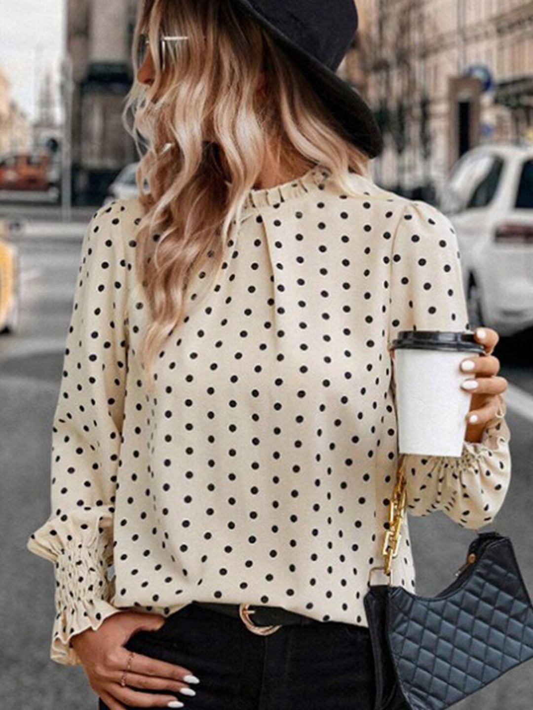 

StyleCast Beige Polka Dot Print Cuffed Sleeves Smocked Blouson Top