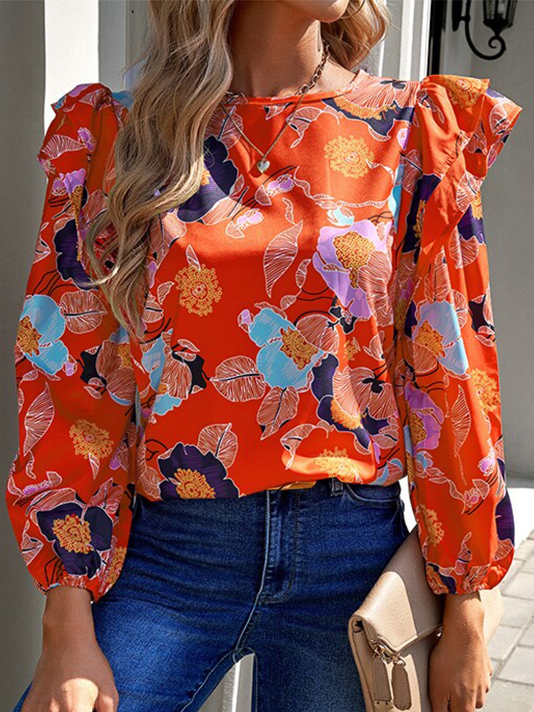 

StyleCast Orange Floral Printed High Neck Puff Sleeves Ruffles Detail Top