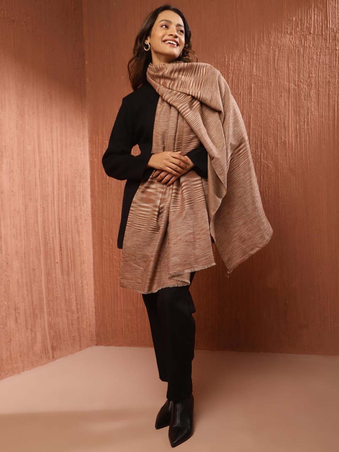 

Fabindia Women Striped Cashmere Woollen Shawl, Beige