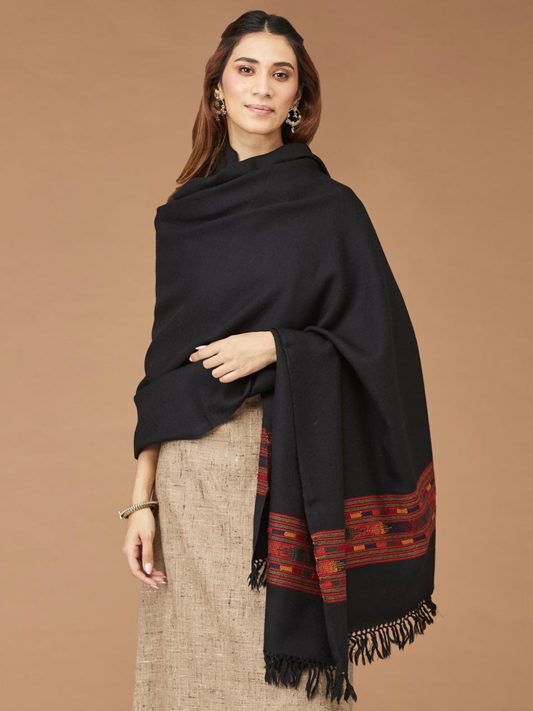 

Fabindia Woven Design Wool Tasseled Shawl, Black