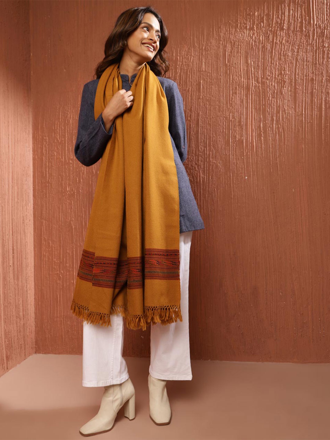 

Fabindia Ethnic Motifs Woven Design Woolen Shawl, Mustard