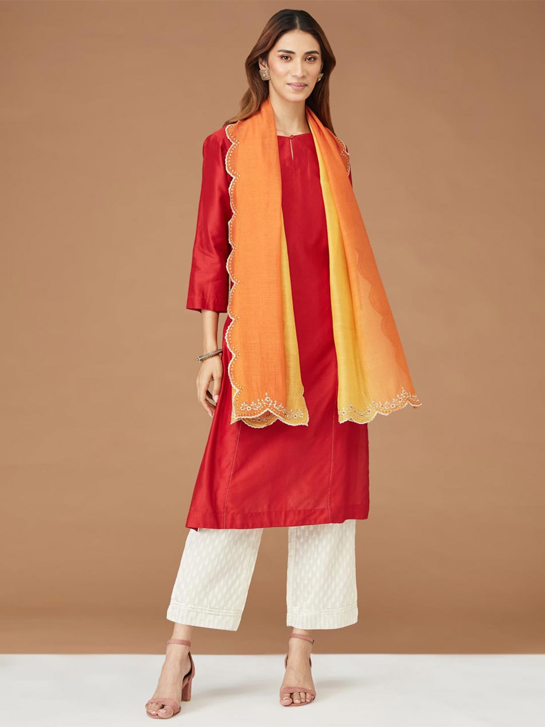 

Fabindia Embroidered Cotton Silk Stole, Yellow