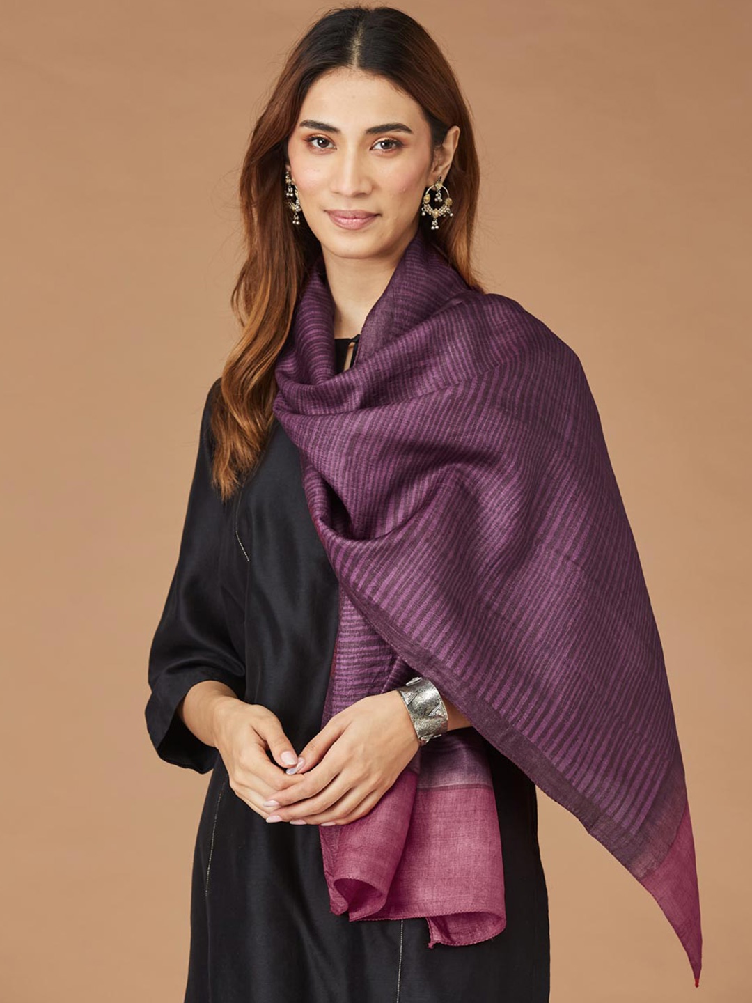 

Fabindia Striped Silk Stole, Purple
