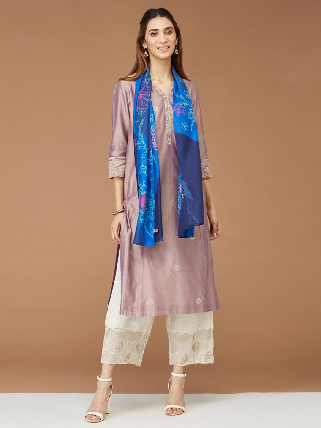 

Fabindia Floral Printed Silk Stole, Blue