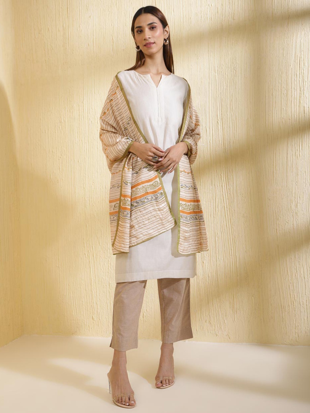 

Fabindia Striped Embroidered Silk Stole, Beige