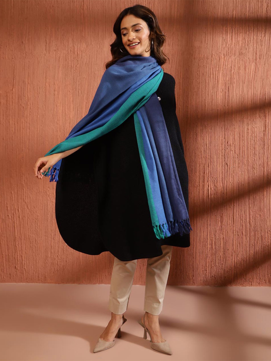 

Fabindia Colourblocked Tasselled Wool Stole, Navy blue