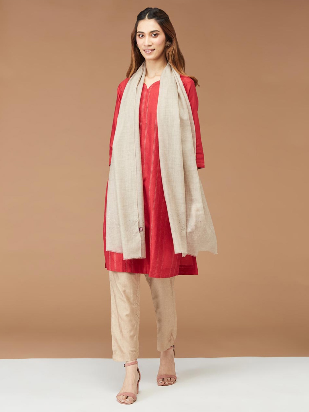 

Fabindia Cashmere Fringed Border Woven Stole, Beige